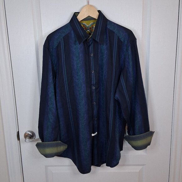 Robert Graham Paisley Printed Button Down Shirt Men Size Large Blue Flip Cuffs - Picture 1 of 6